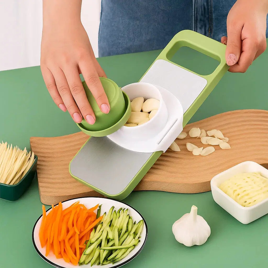 BowLift | Vegetable slicer and grater with 6 blades made of stainless steel and safety device