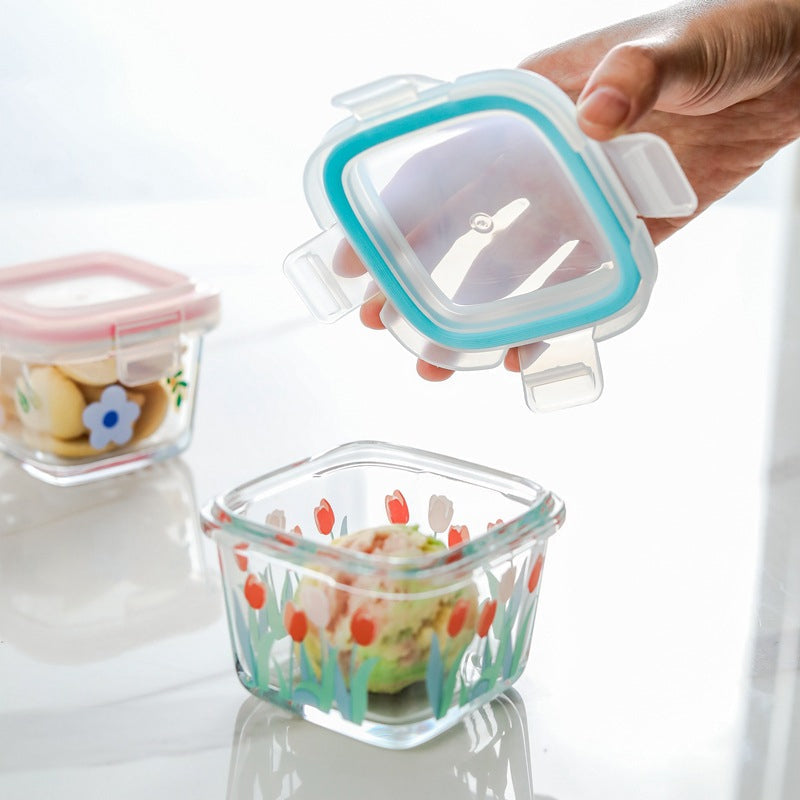 BowLift | 2 Pack 4 Oz Mini Square Glass Food Storage Containers With Lids,Floral Food Jars Small Glass Container For Food Portion, Sauce,Snack,Yogurt,Freezer Microwave Safe