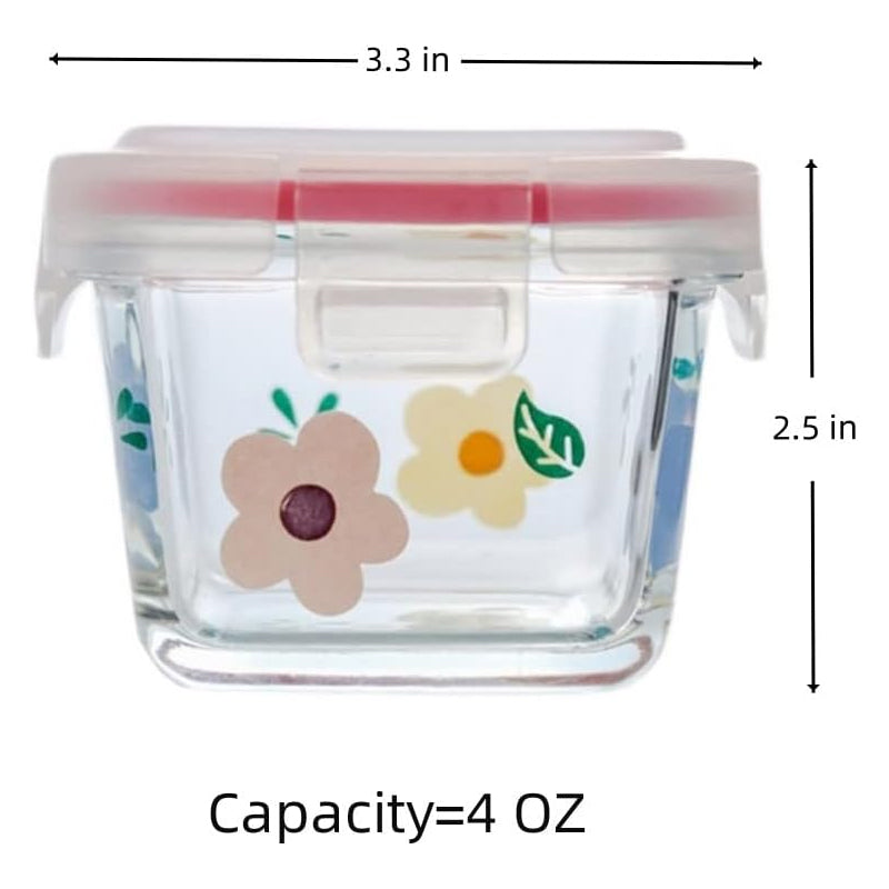 BowLift | 2 Pack 4 Oz Mini Square Glass Food Storage Containers With Lids,Floral Food Jars Small Glass Container For Food Portion, Sauce,Snack,Yogurt,Freezer Microwave Safe