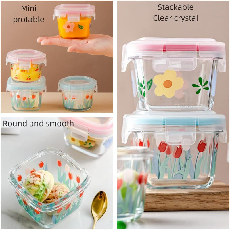 BowLift | 2 Pack 4 Oz Mini Square Glass Food Storage Containers With Lids,Floral Food Jars Small Glass Container For Food Portion, Sauce,Snack,Yogurt,Freezer Microwave Safe