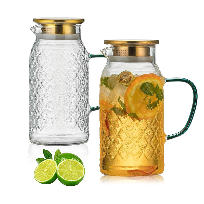 BowLift | Heat Resistant Water Glass Jug Glass Pitcher with Lid, 2 PACK 2L Liter Vintage Water Pitcher for Cold Brew, Coffee, Lemonade, Iced Tea,Beverage