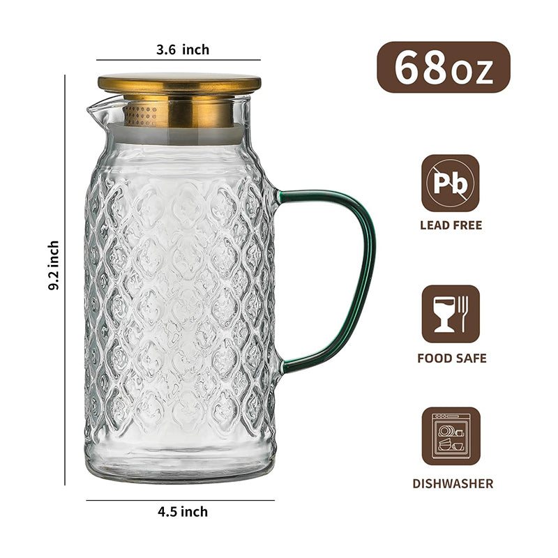 BowLift | Heat Resistant Water Glass Jug Glass Pitcher with Lid, 2 PACK 2L Liter Vintage Water Pitcher for Cold Brew, Coffee, Lemonade, Iced Tea,Beverage