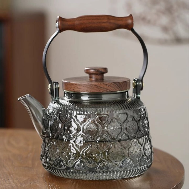 BowLift | Zoie Glass Teapot with Infuser – Heat-Resistant 1000ml Borosilicate Kettle with Wooden Handle