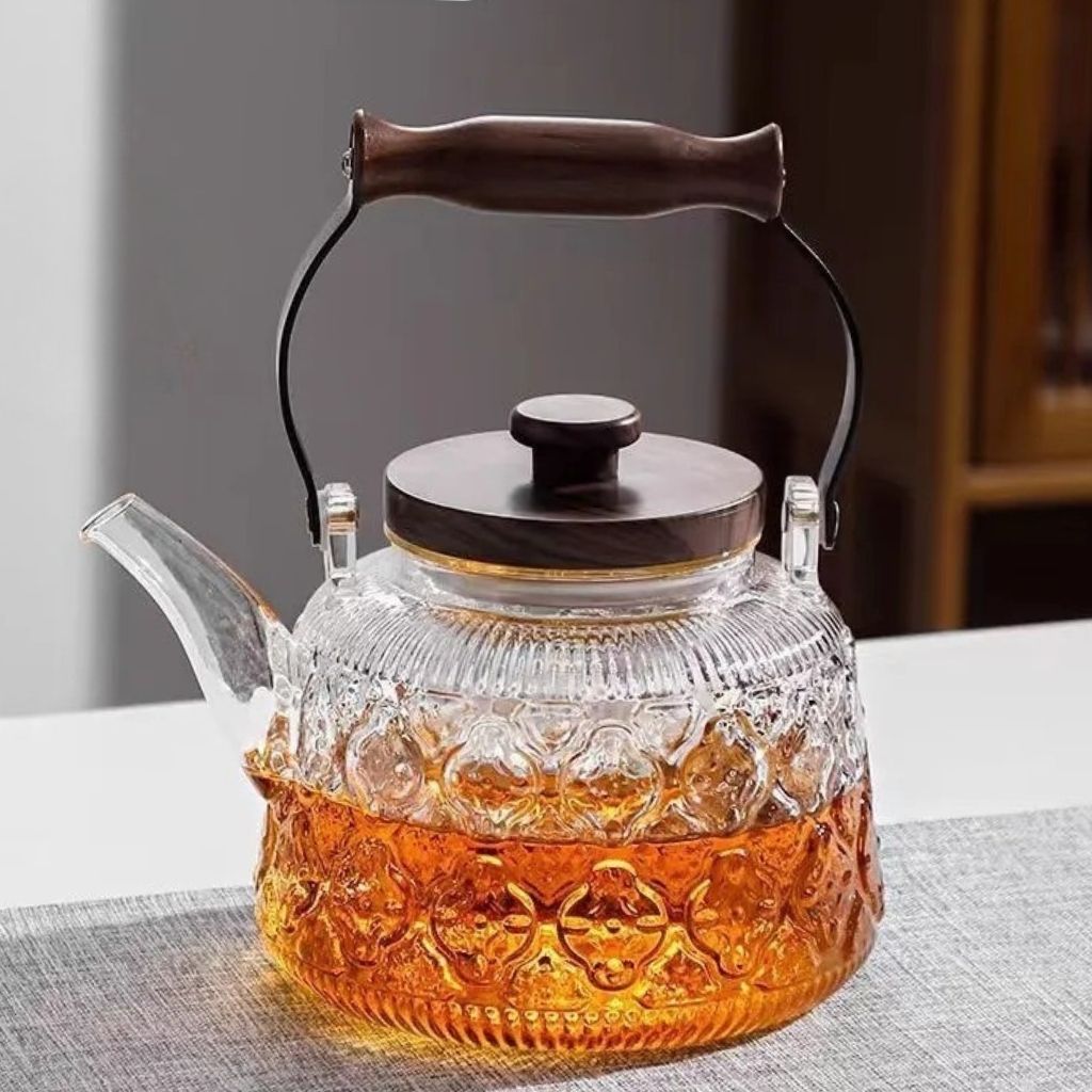 BowLift | Zoie Glass Teapot with Infuser – Heat-Resistant 1000ml Borosilicate Kettle with Wooden Handle