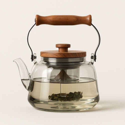 BowLift | Zoie Glass Teapot with Infuser – Heat-Resistant 1000ml Borosilicate Kettle with Wooden Handle
