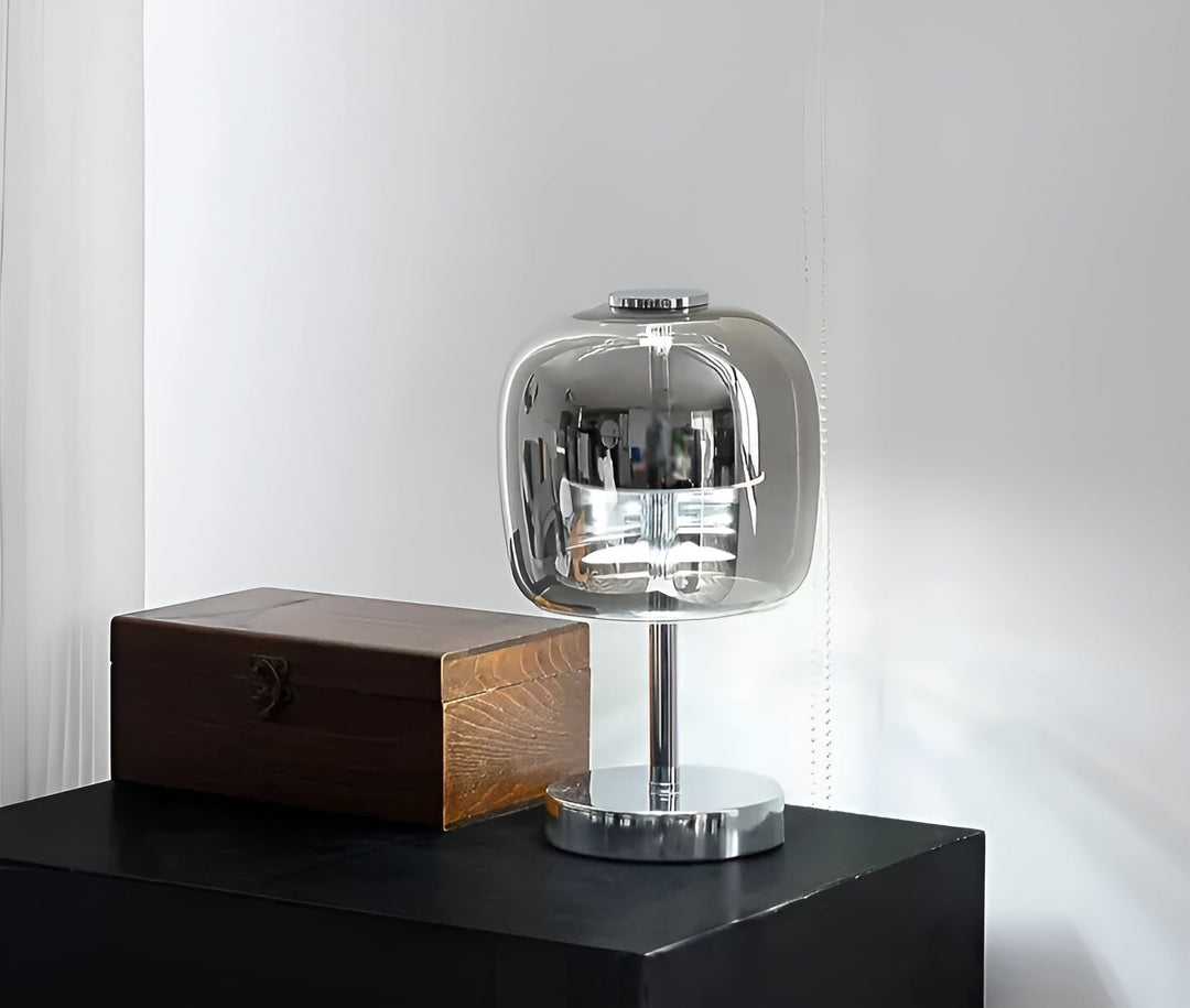 BowLift | Gleam Glass Table Lamp – Smoky Grey USB-Powered Dimmable LED Light for Bedroom & Desk