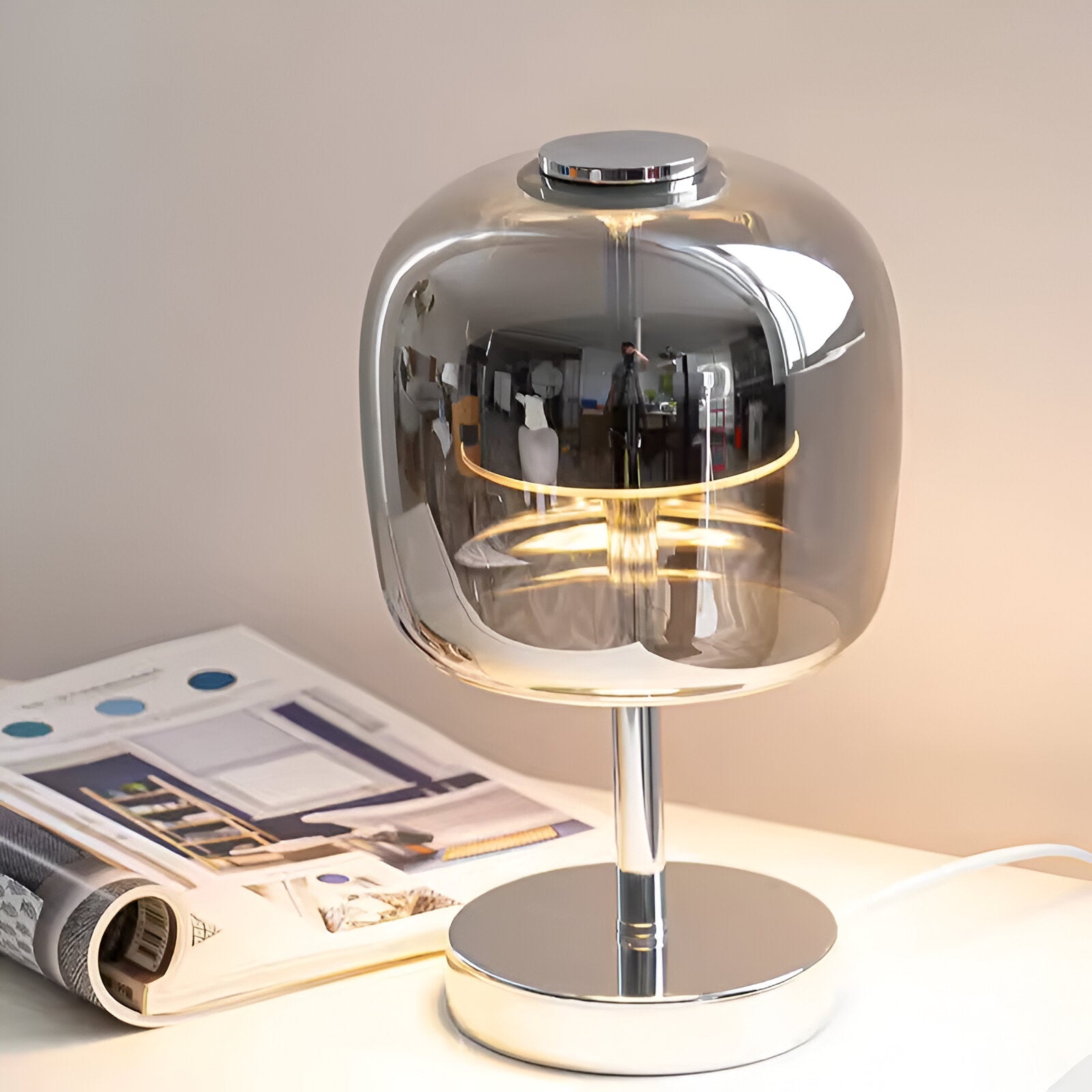 BowLift | Gleam Glass Table Lamp – Smoky Grey USB-Powered Dimmable LED Light for Bedroom & Desk