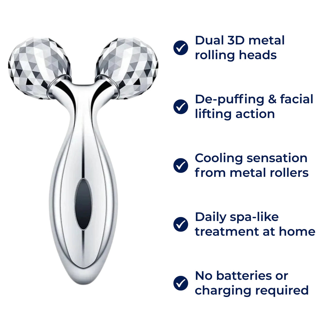 GlowRoller | Face Roller Massager – Depuffing & Lift – Metal Rolling Heads – Daily Spa Facial Bowlift