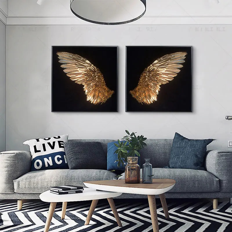 Golden Angel Wings Wall Art Fine Art Posters Prints Elegant Gilded Feather Diptych Canvas Print for Modern Bedroom Decor | Bowlift
