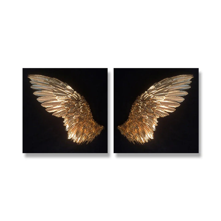Golden Angel Wings Wall Art Fine Art Posters Prints Elegant Gilded Feather Diptych Canvas Print for Modern Bedroom Decor | Bowlift