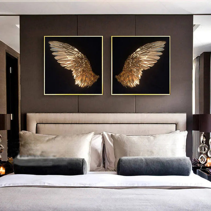Golden Angel Wings Wall Art Fine Art Posters Prints Elegant Gilded Feather Diptych Canvas Print for Modern Bedroom Decor | Bowlift