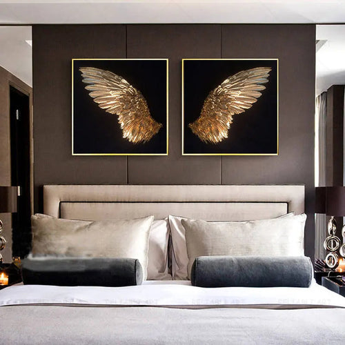 Golden Angel Wings Wall Art Fine Art Posters Prints Elegant Gilded Feather Diptych Canvas Print for Modern Bedroom Decor | Bowlift