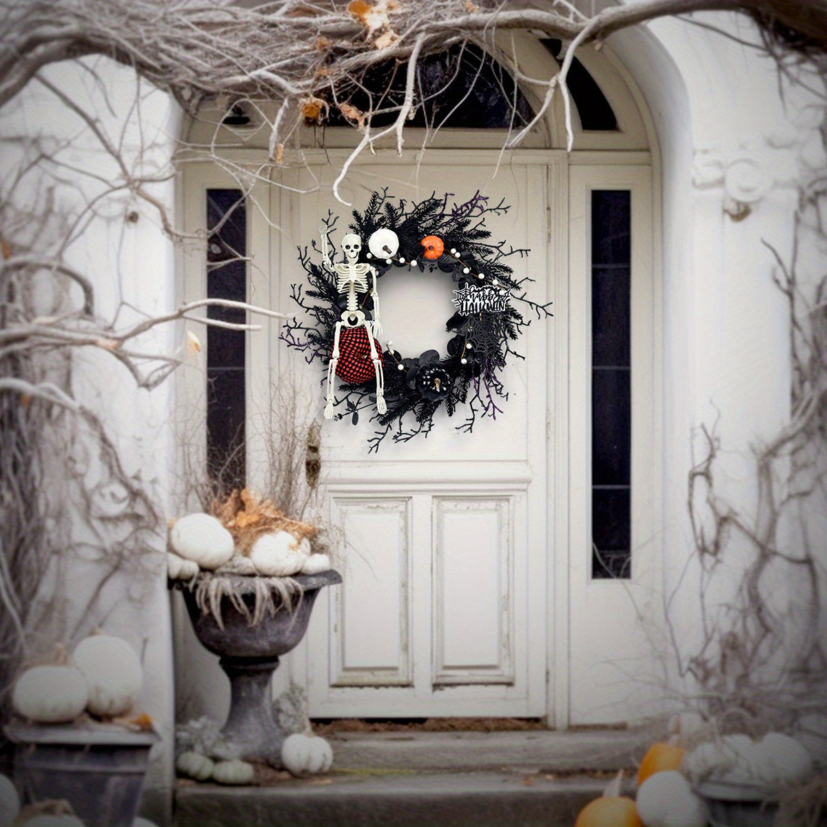 BowLift | Gothic Skeleton Pumpkin Halloween Wreath for Door – Spooky Decor with Faux Pumpkins and Eerie Accents