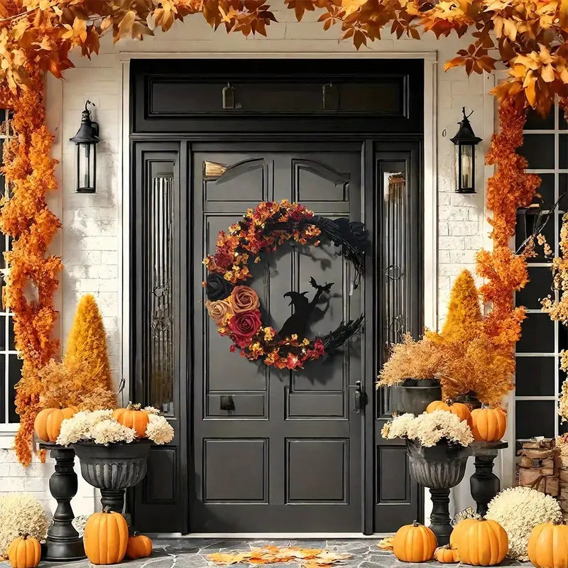 BowLift | Gothic Door Wreath with Witch Cat | Halloween Decoration