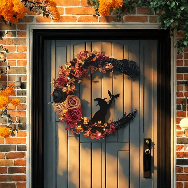 BowLift | Gothic Door Wreath with Witch Cat | Halloween Decoration