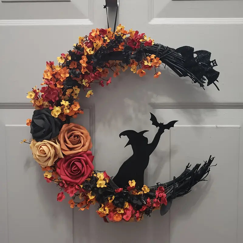 BowLift | Gothic Door Wreath with Witch Cat | Halloween Decoration