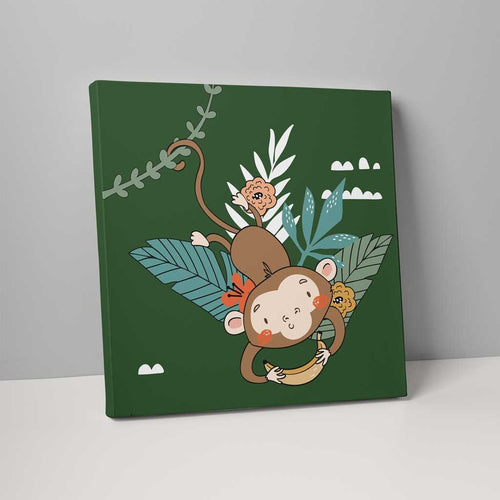 Boho Safari Jungle Monkey Dark Green and Yellow on Canvas | Bowlift
