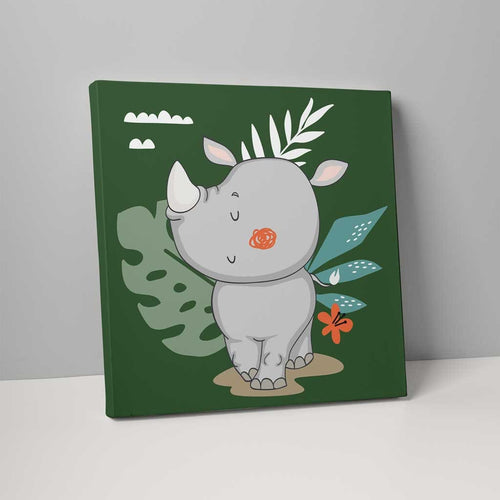 Boho Safari Jungle Rhinoceros Dark Green and Gray on Canvas | Bowlift