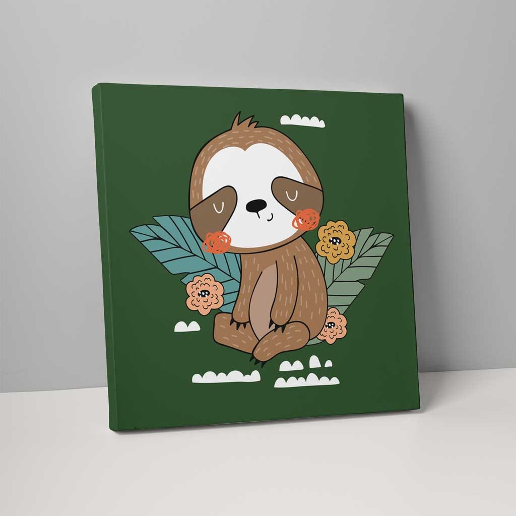 Boho Safari Jungle Sloth Dark Green and Yellow on Canvas | Bowlift
