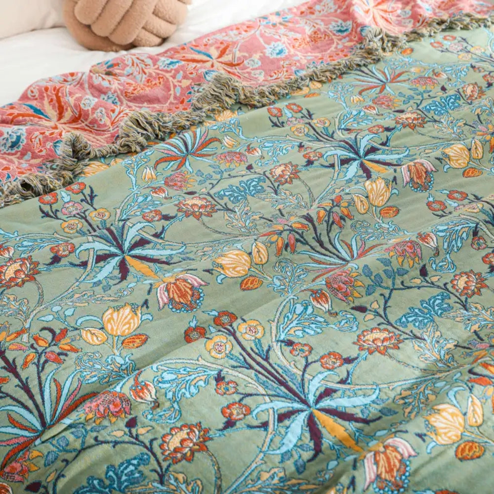 BowLift | Greenery Floral Cotton Tassel Blanket