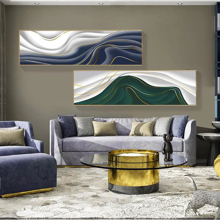 Modern Abstract Green Gray Golden Flowing Ribbon Wall Art Fine Art Canvas Prints Tall Format Pictures For Living Room Foyer Stairway Wall Decor | Bowlift