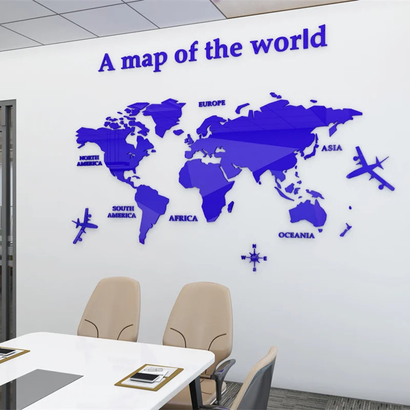 Map Of The World 3d Wall Mural Crystal Mirrored Acrylic World Map Wall Decal Sticker For Office Living Room Kid's Room Creative DIY Home Decor | Bowlift