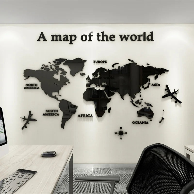 Map Of The World 3d Wall Mural Crystal Mirrored Acrylic World Map Wall Decal Sticker For Office Living Room Kid's Room Creative DIY Home Decor | Bowlift