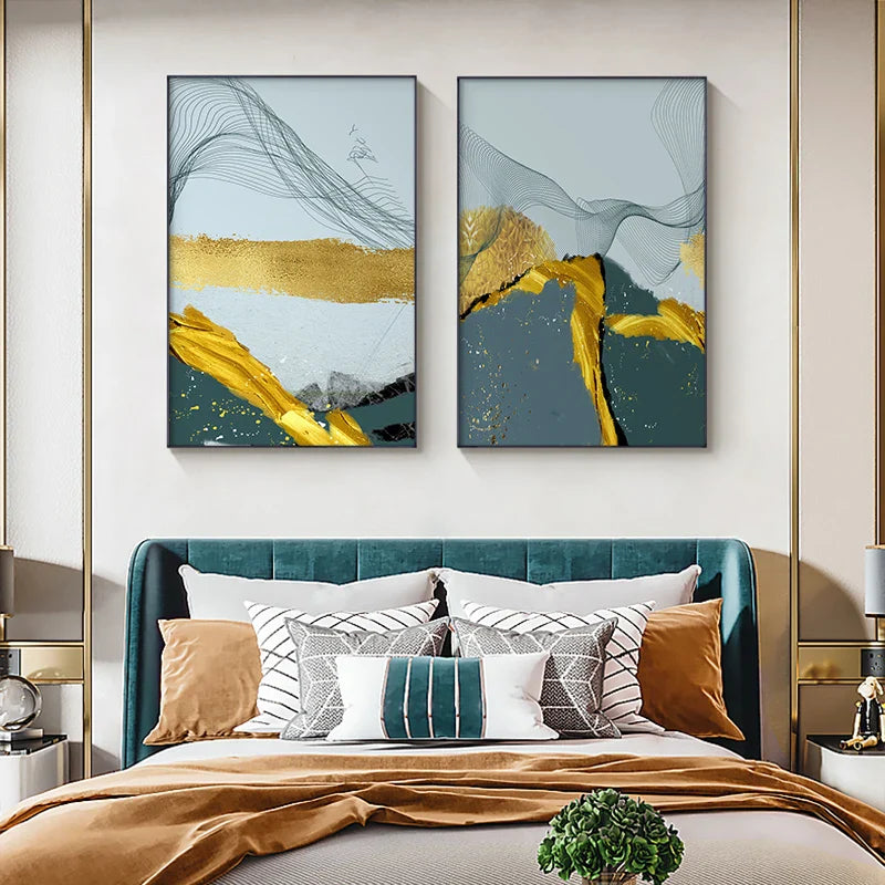 Blue Golden Minimalist Wall Art Fine Art Canvas Prints Scandinavian Abstract Pictures For Modern Apartment Living Room Home Office Decor | Bowlift