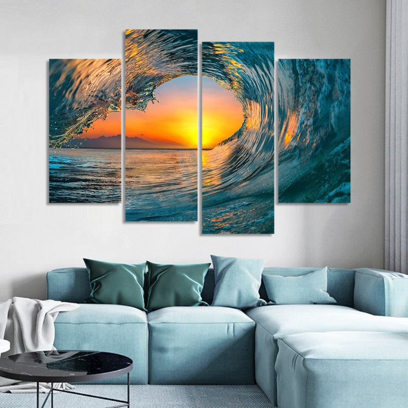 5 Piece Abstract Sunset Through Ocean Wave  - Canvas Wall Art Painting | Bowlift
