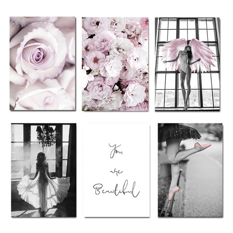 Pink Angel Wings Ballet Dancer Wall Art Fine Art Canvas Prints Black White Fashion Pictures For Living Room Bedroom Salon Art Decor | Bowlift