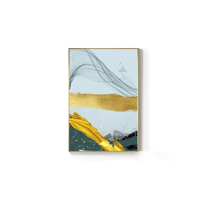 Blue Golden Minimalist Wall Art Fine Art Canvas Prints Scandinavian Abstract Pictures For Modern Apartment Living Room Home Office Decor | Bowlift