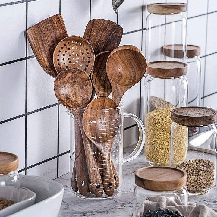 BowLift | NordTeak 7-piece kitchen helper set – premium teak wood tools for stylish and versatile cooking
