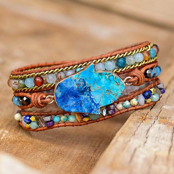 Elegant Turquoise Hamsa Wrap Bracelet - Soraya in Blue Bowlift