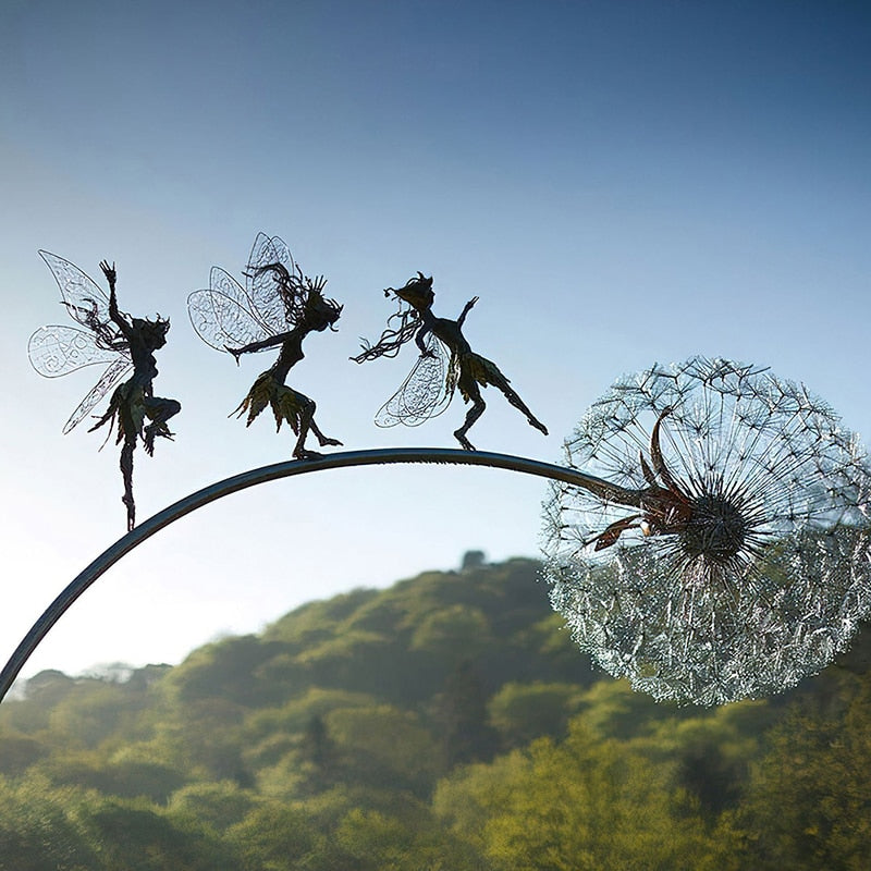 BowLift | Fairies and Dandelions Dancing Together Sculpture for Outdoor Garden