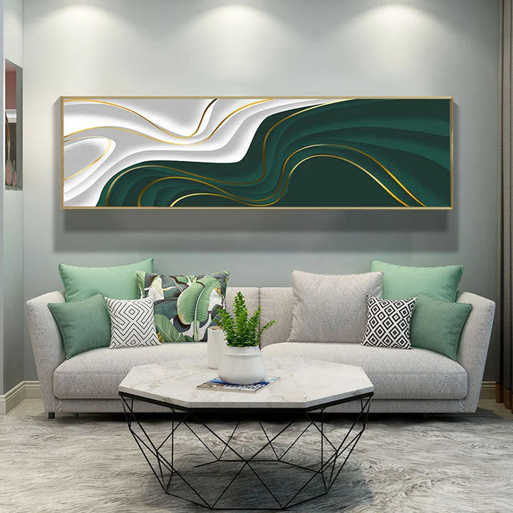 Modern Abstract Green Gray Golden Flowing Ribbon Wall Art Fine Art Canvas Prints Tall Format Pictures For Living Room Foyer Stairway Wall Decor | Bowlift