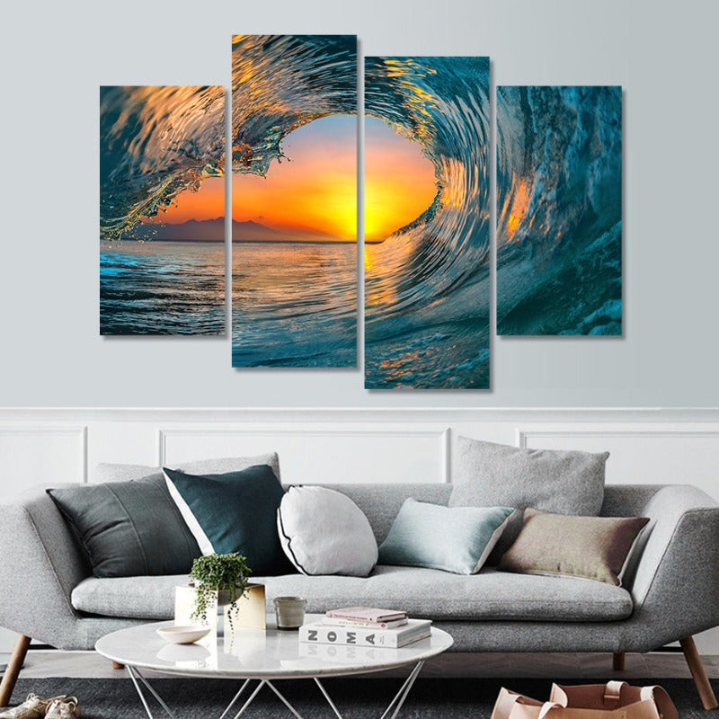 5 Piece Abstract Sunset Through Ocean Wave  - Canvas Wall Art Painting | Bowlift