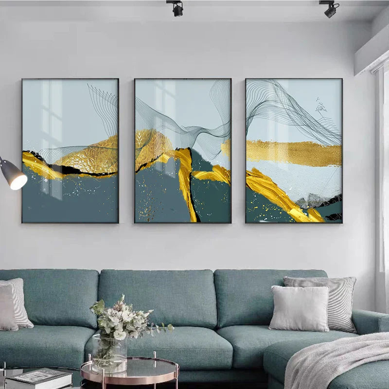 Blue Golden Minimalist Wall Art Fine Art Canvas Prints Scandinavian Abstract Pictures For Modern Apartment Living Room Home Office Decor | Bowlift
