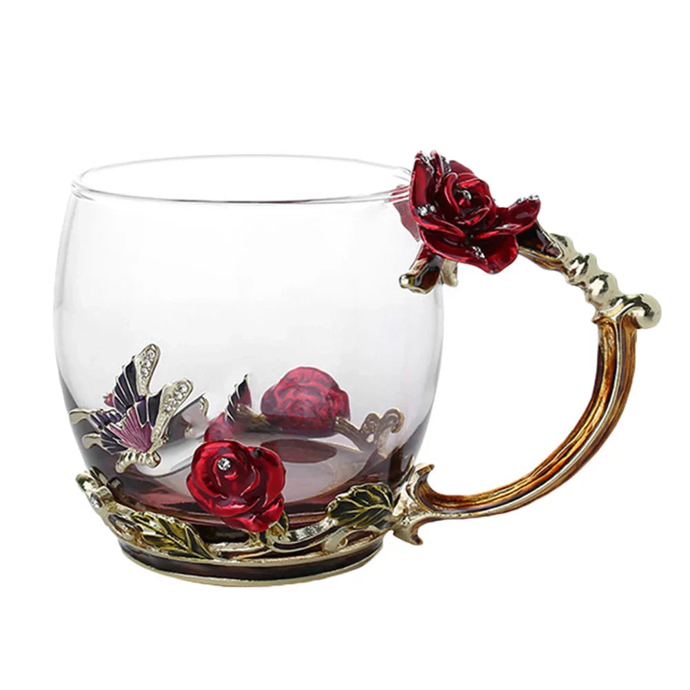 BowLift | Handcrafted Enamel Coffee Mugs Rose-Glass Tea Cup with Steel Spoon Luxury Unique Gifts for Wedding Valentine's Day Birthday Gifts
