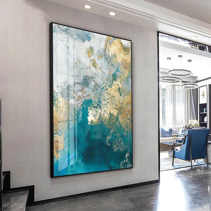 Abstract Aqua Blue Green Jade Golden Liquid Marble Print Wall Art Fine Art Canvas Prints Pictures For Luxury Living Room Art Decor | Bowlift