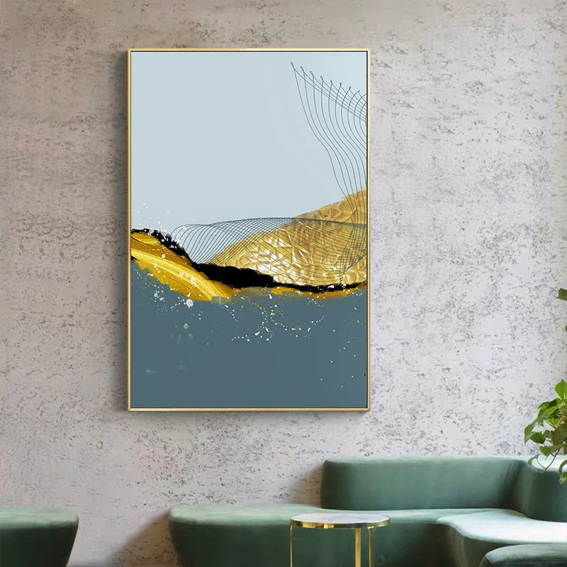 Blue Golden Minimalist Wall Art Fine Art Canvas Prints Scandinavian Abstract Pictures For Modern Apartment Living Room Home Office Decor | Bowlift