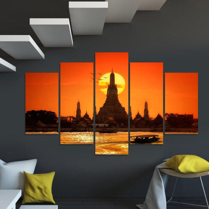 5 Piece Abstract Sunset Temple Bangkok Thailand  - Canvas Wall Art Painting | Bowlift