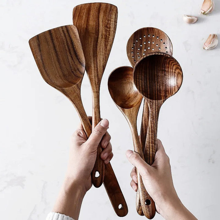 BowLift | NordTeak 7-piece kitchen helper set – premium teak wood tools for stylish and versatile cooking