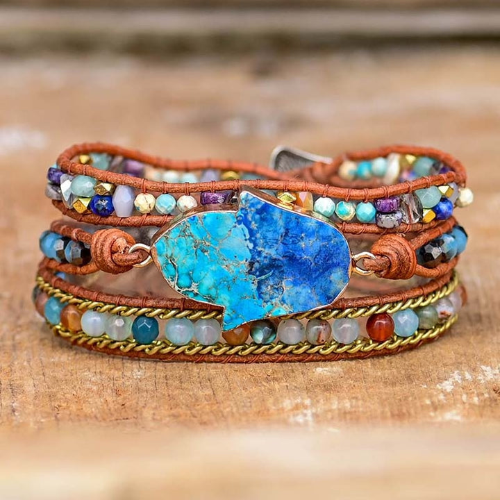 Elegant Turquoise Hamsa Wrap Bracelet - Soraya in Blue Bowlift