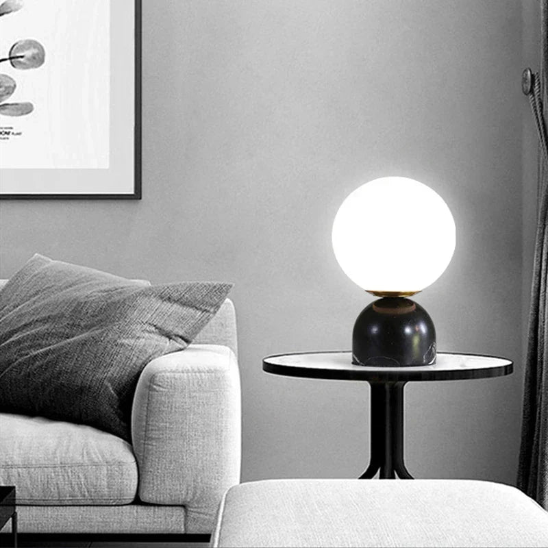 Modern Marble Table Lamp with Round Glass, Elegant Living Room Lighting | Bowlift