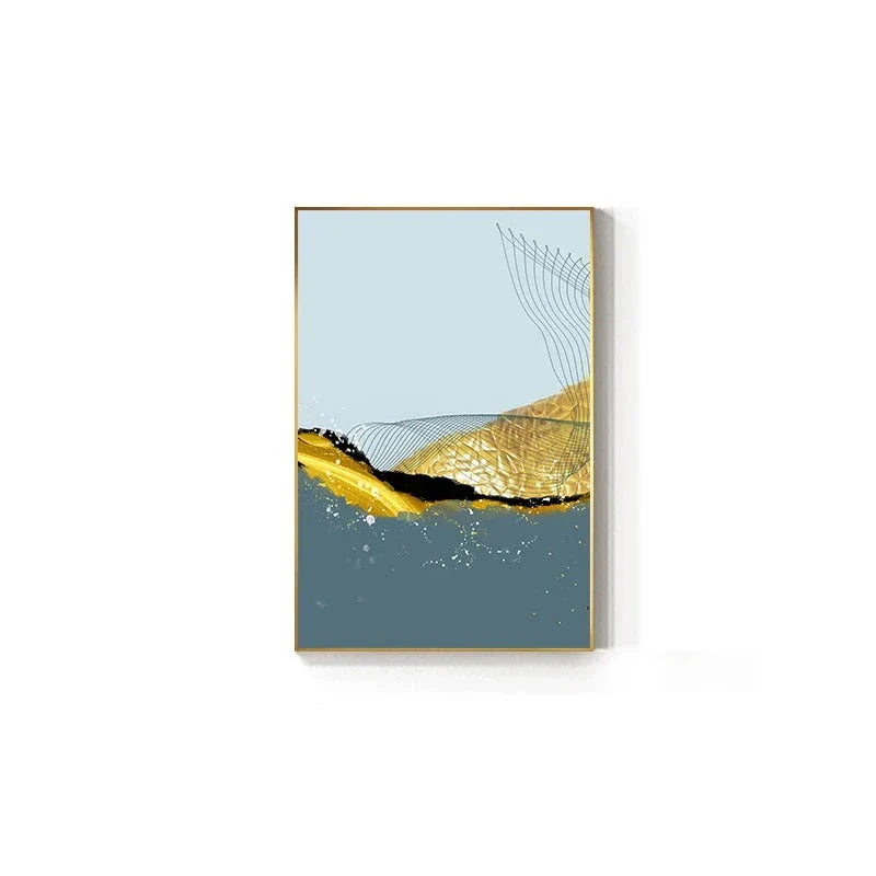Blue Golden Minimalist Wall Art Fine Art Canvas Prints Scandinavian Abstract Pictures For Modern Apartment Living Room Home Office Decor | Bowlift