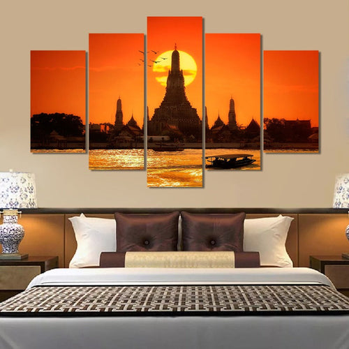 5 Piece Abstract Sunset Temple Bangkok Thailand  - Canvas Wall Art Painting | Bowlift