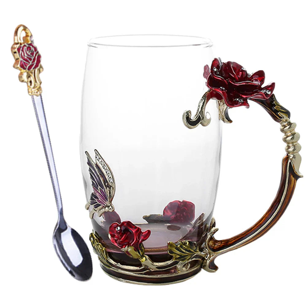 BowLift | Handcrafted Enamel Coffee Mugs Rose-Glass Tea Cup with Steel Spoon Luxury Unique Gifts for Wedding Valentine's Day Birthday Gifts