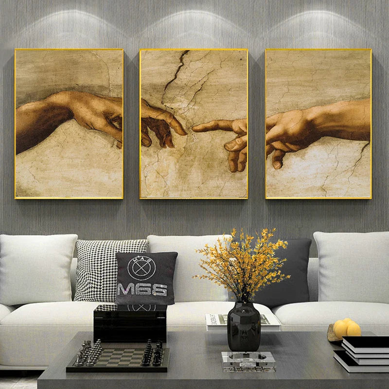 Set of 3Pcs Michelangelo Hand of God Wall Art Fine Art Canvas Prints Famous Painting The Creation Of Adam Pictures For Living Room | Bowlift