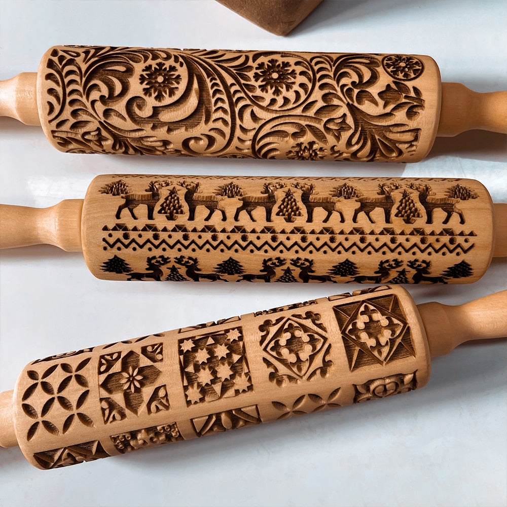 BowLift | Embossed Rolling Pin Christmas Roller | Handmade from Beech Wood | Christmas Designs & Cookie Cutters