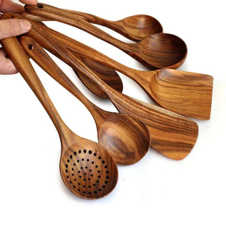 BowLift | NordTeak 7-piece kitchen helper set – premium teak wood tools for stylish and versatile cooking